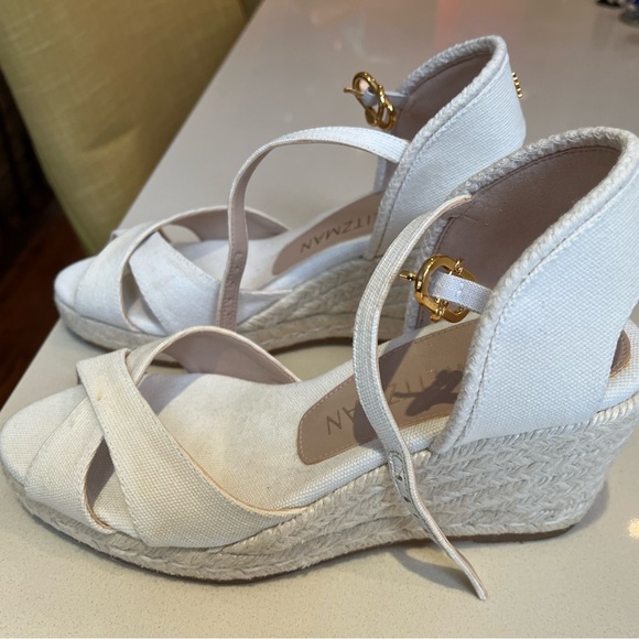 Stuart Weitzman Cream Espadrilles with Ankle Strap and Gold Accents - Picture 2 of 11